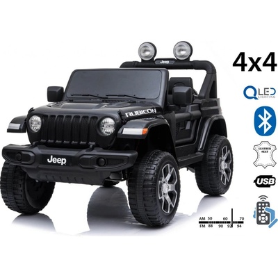 Beneo elektrické autíčko Jeep Wrangler Jednomiestne Kožené sedadlá Rádio s Bluetooth prehrávačom SD/USB vstup Pohon 4x4 12V10Ah Batéria Eva kolesá Odpružené nápravy 24 GHz čierna