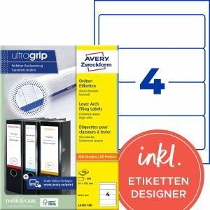 Avery Zweckform L4761-100 folder spine labels (400 spine labels with ultragrip, 61x192mm on A4, wide/short, self-adhesive, completely opaque, printable folder labels) 100 sheets, white