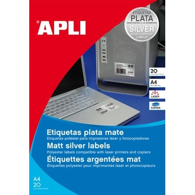 Etikety polyesterové 63,5x29,6mm APLI A4 20 hárkov strieborné