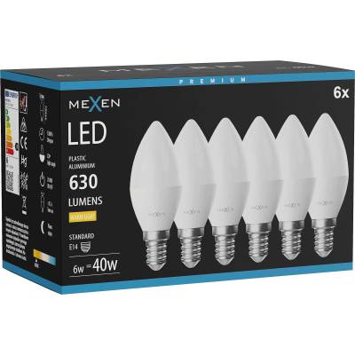 Mexen Nova 6x LED крушка E14, C37, 6W, Топло - 3000K, 630 lm - L102-E14-0630-01x06 (L102-E14-0630-01x06)