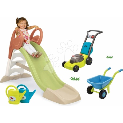 Smoby Set šmykľavka s vodnou hrou a kosačka na trávu KS Slide Life dĺžka šmyku 150 cm a fúrik s krhličkou