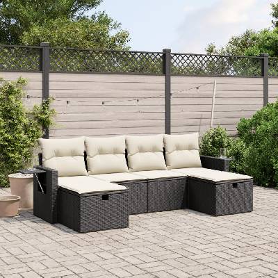 vidaXL Градински диван с възглавници, 6 части, черен, полиратан (3263852)