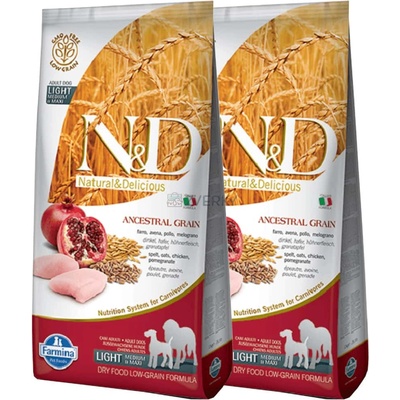N&D Ancestral Grain Low Grain Dog Light Medium & Maxi Chicken & Pomeg 2 x 12 kg