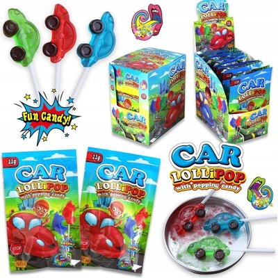 Car Fun candy lízátko ovocné barevné autíčko se střílejícím práškem 165 g