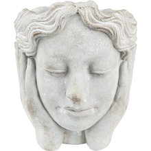 Clayre & Eef Šedý cementový květináč hlava dívky v dlaních L 20x23x25 cm