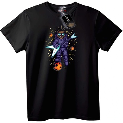 NOONEBRAND Тениска Космическа Котка Рок Звезда - M, Black