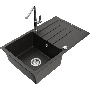 Mexen Bruno гранитна мивка с една камера с отцедник и кухненски смесител Flora, черен/златен металик - 6513-75-670401-00 (6513-75-670401-00)