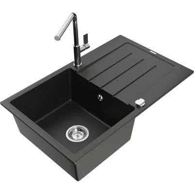 Mexen Bruno гранитна мивка с една камера с отцедник и кухненски смесител Flora, черен/златен металик - 6513-75-670401-00 (6513-75-670401-00)