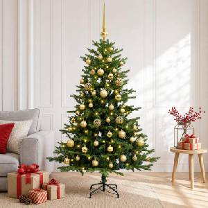 vidaXL Изкуствена коледна елха с топки 120 см 150 LED светодиода (3465651)