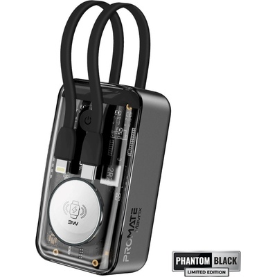 Promate Външна батерия ProMate, Mavrix. Black 10000mAh Transparent Power bank w/ built-in USB-C and Lightning Cable, USB-C 33W PD, 3W Apple Watch Charger, LED Display - Черна (6959144066066)