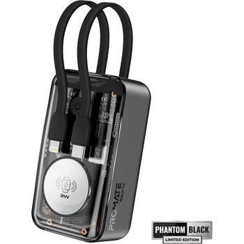 Promate Външна батерия ProMate, Mavrix. Black 10000mAh Transparent Power bank w/ built-in USB-C and Lightning Cable, USB-C 33W PD, 3W Apple Watch Charger, LED Display - Черна (6959144066066)