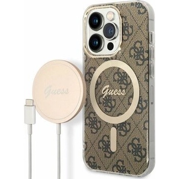 Pouzdro Guess 4G MagSafe Kompatibilní Zadní + Bezdrátová Nabíječka iPhone 14 Pro Max hnědé
