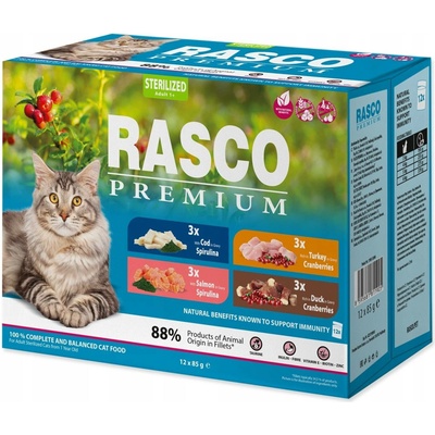 Rasko Premium Cat Sterilized 3 x salmon 3 x cod 3 x duck 3 x turkey 12 x 85 g