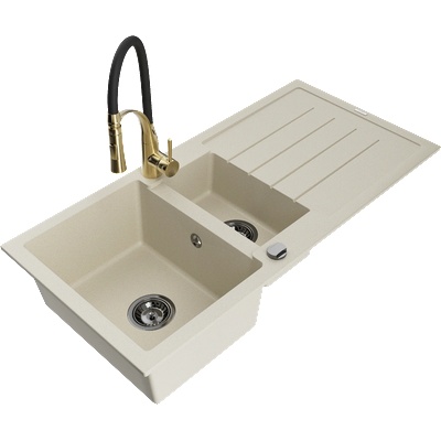 Mexen Andres гранитна мивка 1, 5-камерна с отцедник и кухненски кран Aster, бежова - 6515-69-73450-57-B (6515-69-73450-57-B)