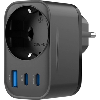 Havit Разклонител с AC изход и вградени USB-A и 2xUSB-C портове за зареждане на мобилни устройства - Havit 4-in-1 Wall Charger With EU Plug 30W (черен) (UC142 (KF2343661) )