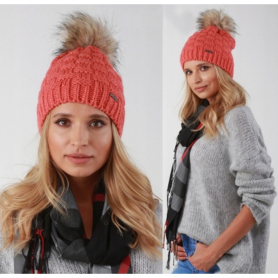 Fashionweek dámská zimní čepice s bambulí flísová podšívka ZIZI-P16 Korál