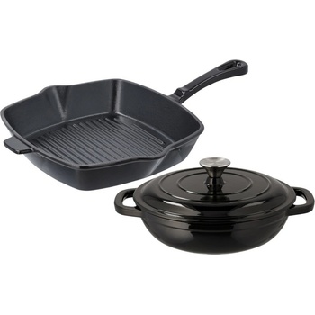 SILVERCREST Sada litinové grilovací pánve, 24 cm a litinové servírovací pánve, 25 cm, černá, 2dílná