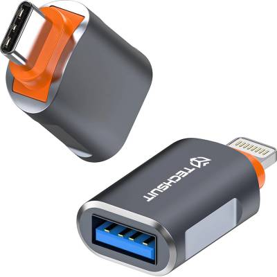 Techsuit - Премиум OTG адаптер SlateVolt (A9) - USB към Type-C, 5Gbps, 6A, 120W, Plug and Play, бърз трансфер на данни - сив/оранжев