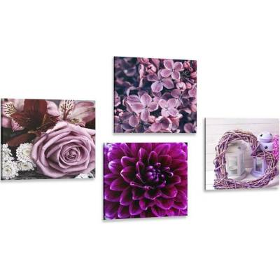 Set obrazů fialové květiny se srdíčkem - 4x 40x40