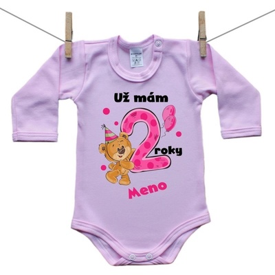 Boodyy Ružové Body s dlhým rukávom Už mám 2 roky s Medvedíkom a menom dieťatka Dievča