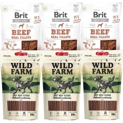 BRIT Jerky Snack Beef Fillets + WILD FARM Hovězí tyčinky 6 x 80 g