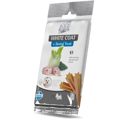 N&D WHITE DOG Dental Treat Sea Bass, Fennel & Spirulina Adult MINI - монопротеинови дентални лакомства за кучета с бяла козина от дребни породи с лаврак, фенел и спирулина 60gr
