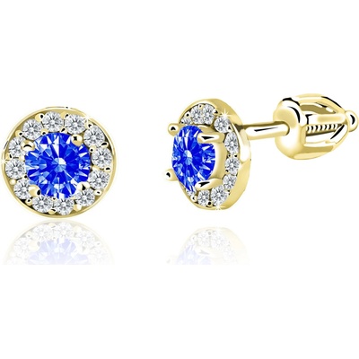 Duppi dievčenské náušnice okrúhle DU 32039 zo žltého zlata s kamienkami uprostred tmavo modrými okolo bielymi zapínánie balónik