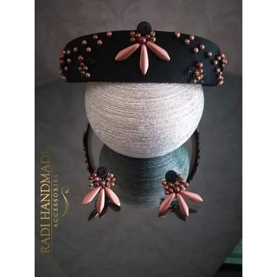 Radi handmade Черна диадема с обици с камъни и бронзови перли (324)