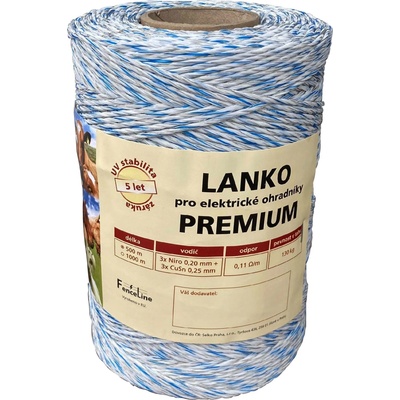 Lanko PREMIUM pro el. ohradník, 3x0,20 mm Niro + 3x0,25 mm CuSn, 500 m, bílo-modrá