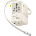 Baseus Захранване с 2xUSB-C и 1xUSB-A изхода, вграден USB-C кабел и преходници за цял свят в едно устройство - Baseus EnerCore CG11 Universal Travel Adapter 70W (E0307E01) (off-white) (E0307E01)