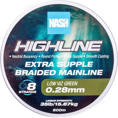 Nash Splietaná šnúra Highline Extra Supple Braid Green 600 m 0,28 mm 15,87 kg