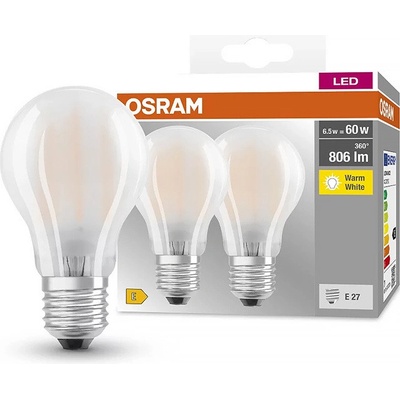 Osram žárovka LED BCLA60 E27 6,5W/827 2balení FILAMENT GLFR matná BASECLA60
