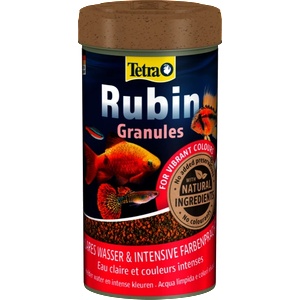 TETRA Rubin Granules - висококачествена комбинация от бавно потъващи гранули за ежедневно хранене на всички декоративни риби с естествени съставки, подобряващи цвета, усилва цветната жизненост на рибата