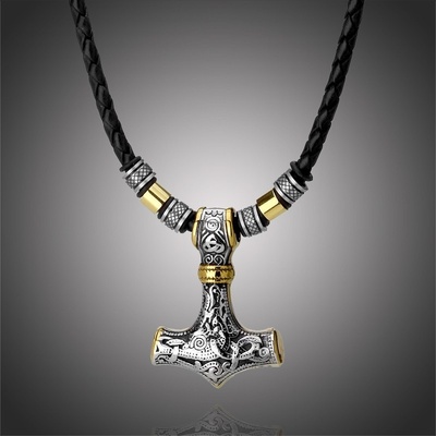 Manoki Pánský Thórovo kladivo Mjolnir kůže chirurgická ocel WA615 Černá