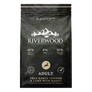 Riverwood Adult - Пълноценна суха храна специално разработена за израснали кучета, допринася за поддържане на здравословно тегло с еленско, агнешко месо и заек, 12 кг