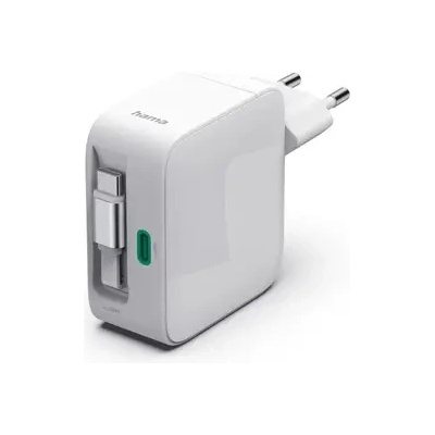 Hama Бързо зарядно, 30 W, GaN, 2x USB-C, с разтегателен кабел 0.7м, бял (HAMA-201956)