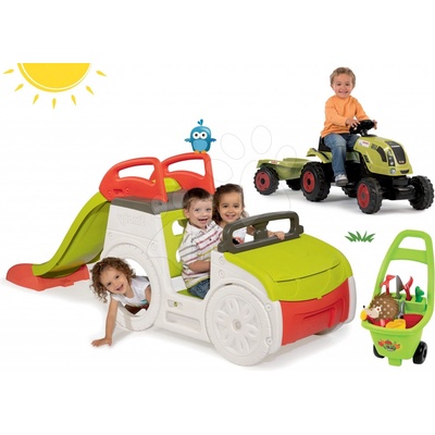 Smoby 840200-15 set preliezačka Adventure Car so šmykľavkou, traktor Claas GM a vozík pre záhradníka