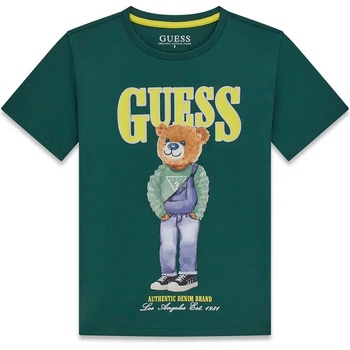 GUESS Тъмно зелена тениска за момче с жълт надпис Guess с цветно мече