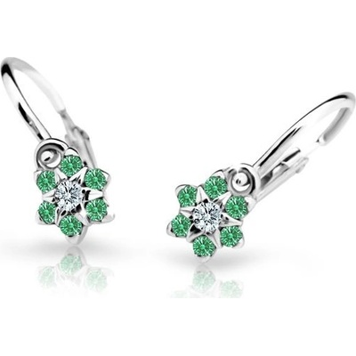 Danfil dětské náušnice kytičky C2152 z bílého zlata s kamínky Emerald Green zapínání brizura