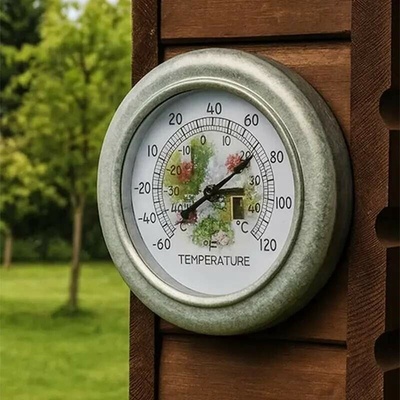 Teplomer analógový vintage s kovovým rámom – priemer 28 cm