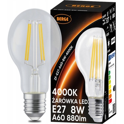 Berge LED žárovka s vláknem E27 8W neutrální bílá ZF-E27-A60-8W-4000K
