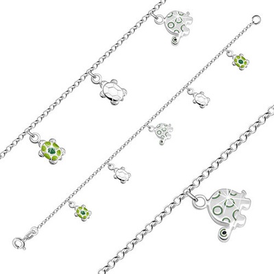 Šperky eshop detský náramok zo striebra korytnačky so zelenou glazúrou okrúhle očká G18.09