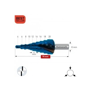 Karnasch Стъпално свредло Ø 4-20 mm (x 4 mm), HSS-XE Blue-Dur, 2x спирален канал, BESTSELLER (201448)