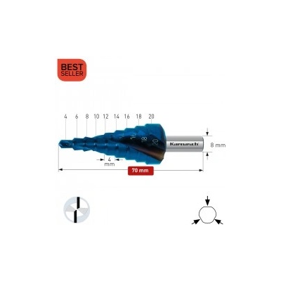 Karnasch Стъпално свредло Ø 4-20 mm (x 4 mm), HSS-XE Blue-Dur, 2x спирален канал, BESTSELLER (201448)