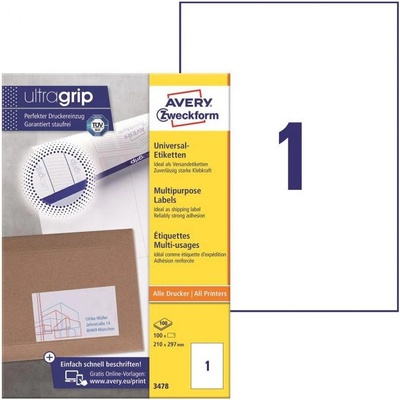 Avery-Zweckform 3478 210 x 297 mm papier biela 100 ks trvalé univerzálne etikety atrament, laser, kópie; 3478