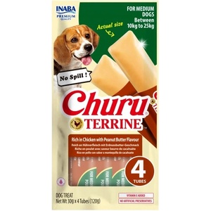 Inaba Foods Dog Churu Terrine - Лакомство за кучета, фин крем с Пиле и Фъстъчено масло, 4 броя х 30 грама, Япония EUD534