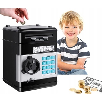 DĚTSKÝ TREZOR NA PIN, VELKÁ ELEKTRONICKÁ POKLADNIČKA, BANKOMAT - ČERNÝ