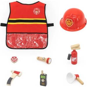 Viga Toys Детски игрален комплект Viga Toys - Пожарникарска жилетка, каска и дървени аксесоари, 8 части (44714) - ozone