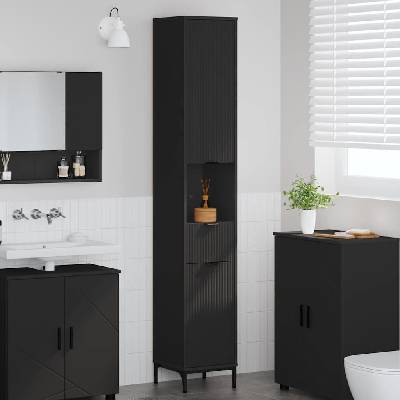 vidaXL Шкаф за баня Черно 31, 5 x 33 x 190 см Инженерно дърво & Метал (883405)