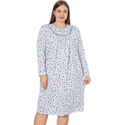 Ватирана нощница с дълъг ръкав, сини цветя и копчета